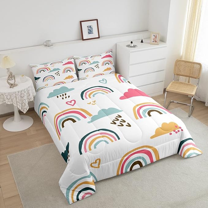 Rainbow Bedding Twin for Girls,Cartoon Rainbow Comforter Sets for Toddler,Cute Rainbow Cloud Doodle Duvet Insert Kids Gift,Kawaii Colorful Down Comforter Warm with 1 Pillowcase Bedroom Decor