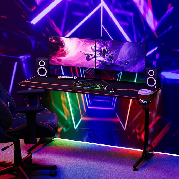 55'' Gaming Desk, Multi-Use Home Office T-Shaped Computer Workstation, Carbon Fiber Surface PC Study Table, Full Cover Mousepad, Drink Holder, Wire Holes, Headphone Hook, Cable Tray, Red