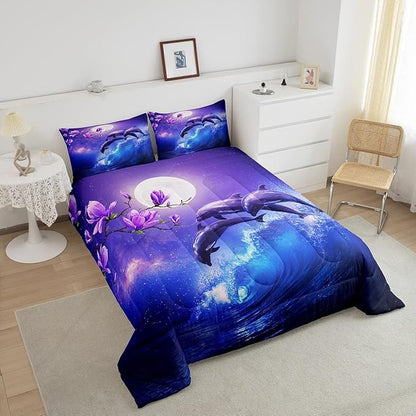 Galaxy Dolphin Bedding Set King Coastal Ocean Waves Comforter Set Night Star Moon Cherry Blossoms Comforter for Kids Girls Teens Sea Animal Starry Sky Quilt Duvet Purple Blue Marine Room Decor 3 Pcs