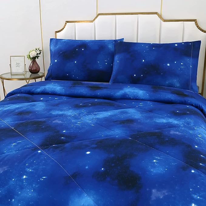 3PCS Blue Galaxy Comforter Set Queen Size, Bed in a Bag Summer Quilt Queen Size, Lightweight and Fade Resistant, Cute Bed Set for Boys Girls Toddler Kids and Teens, Queen
