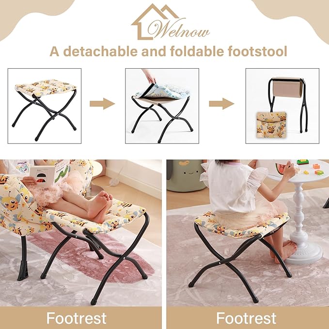Welnow Toddler Kids Lazy Chair with Ottoman, Glow in The Dark Accent Comfy Lounge Children Armchair Couch with Removable Cover, Detachable Reading Chair with Footrest for Boy or Girl, Bees