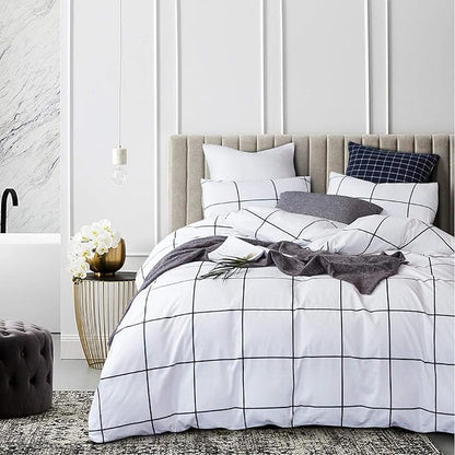 White Grid Comforter Set Big Grid Bedding Set Full White Black Plaid Printed Stripes Women Checkered Comforters Bedding Set Girls White Grid Bed Blanket Set White Plaid Full Comforter