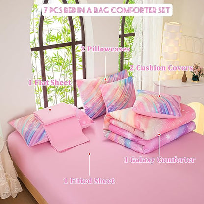 Full Size Bedding Sets Kids Bedding Sets for Girls,Galaxy Bedding 7pieces Glitter Pink Comforter, Colorful Comforter Full Size Comforter Sets for Teen Girls