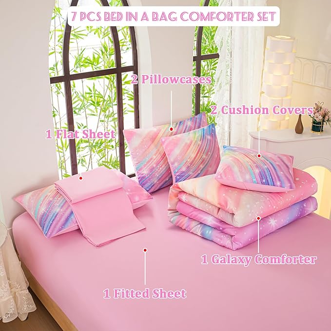 Twin Comforter Set for Girls Galaxy Bedding 7pieces, Ombre Bedding Comforter Sets Rainbow Comforter Glitter Bedding Twin Teen Comforter Sets for Girls