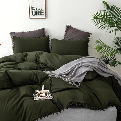 Army Green Comforter Full Dark Green Pom Green Comforter 3 PCs Soft Olive Green Boho Ball Pom Fringe Full Comforter Bedding Set Women Solid Dark Green Full Bed Comforter All Season