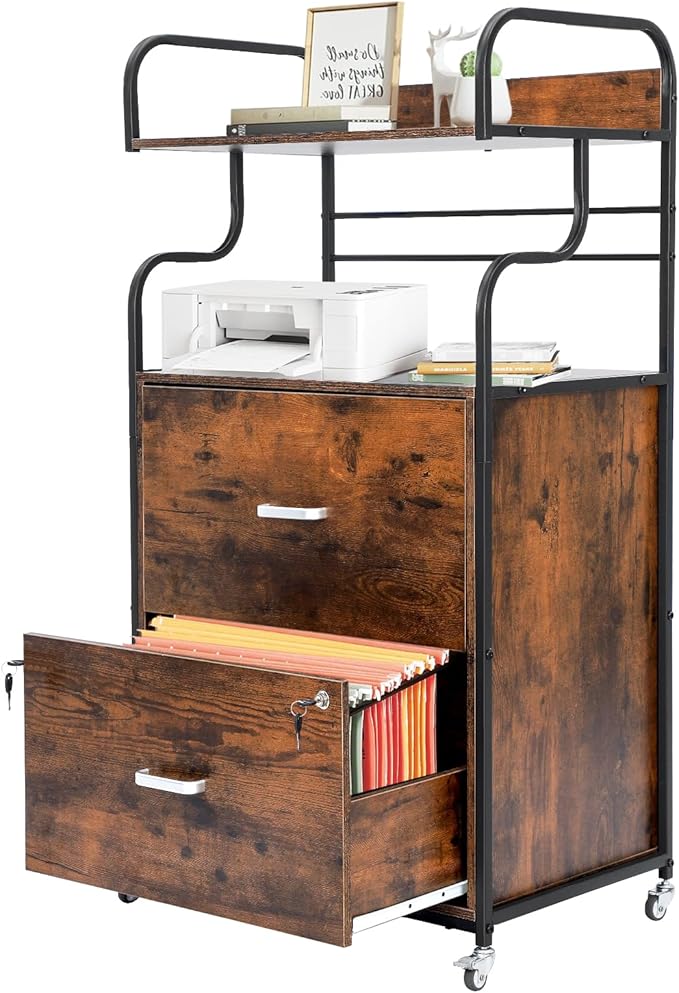Vertical File Cabinet, 2 Drawer Mobile Filing Cabinet with 1 Bookshelf, Printer Stand with Open Storage Shelves Fits A4/Letter/Legal Size File Cabinets for Home Office Organizer, Brown