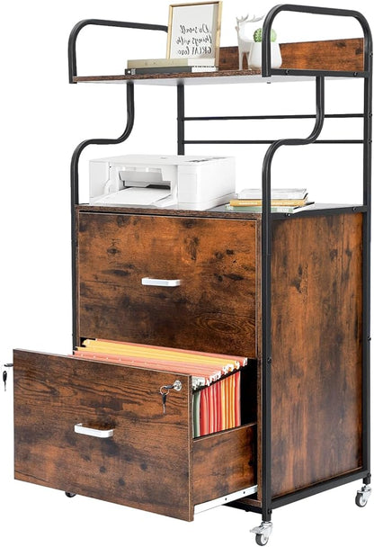 Vertical File Cabinet, 2 Drawer Mobile Filing Cabinet with 1 Bookshelf, Printer Stand with Open Storage Shelves Fits A4/Letter/Legal Size File Cabinets for Home Office Organizer, Brown