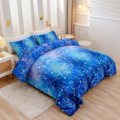 Holawakaka Tie Dye Constellation Print Ombre Comforter Set Twin Size Girls Boys Gradient Galaxy Bedding Set (Cyan,Twin)
