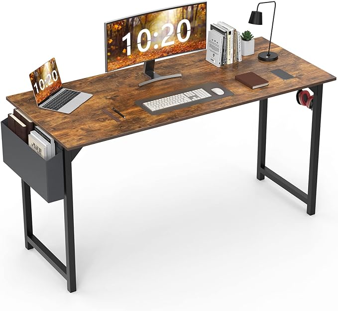 Computer Desk Home Office Desk 55 Inch Writing Desks Small Space Desk Study Table Modern Simple Style Work Table with Storage Bag Headphone Hook Wooden Tabletop Metal Frame for Home, Bedroom