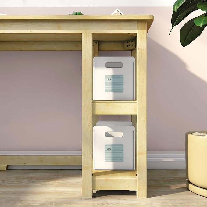 Max & Lily Solid Wood Desk With Shelves, 55 Inches, Natural