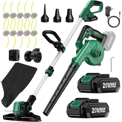 KIMO 4-in-1 Cordless Leaf Blower/Vacuum & String Trimmer/Weed Edger Combo Kit w/2x2.0 Battery & 10Pcs Spool Line, Variable Speed Trigger for Blowing/Vaccuming/Dusting/Clearing/Lawn Edging/Gardening