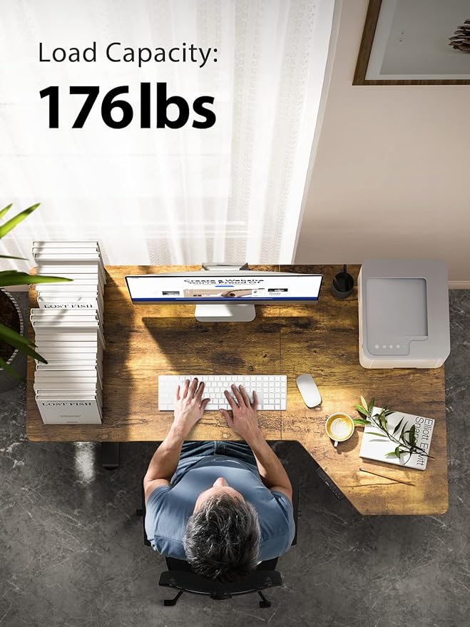Electric Standing Desk, Height Adjustable Sit Stand up Desk, L-Shaped Memory Home Office Desk With Hook, 55 x 34 inch, Rustic