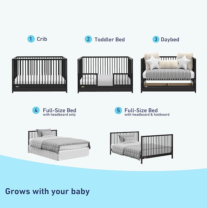Graco Teddi 5-in-1 Convertible Crib with Drawer (Black) – GREENGUARD Gold Certified, Crib with Drawer Combo, Full-Size Nursery Storage Drawer, Converts to Toddler Bed, Daybed and Full-Size Bed