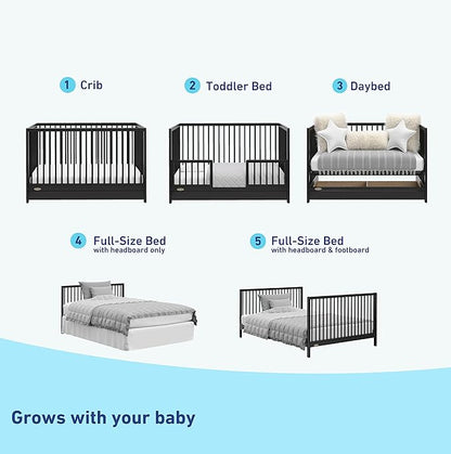 Graco Teddi 5-in-1 Convertible Crib with Drawer (Black) – GREENGUARD Gold Certified, Crib with Drawer Combo, Full-Size Nursery Storage Drawer, Converts to Toddler Bed, Daybed and Full-Size Bed