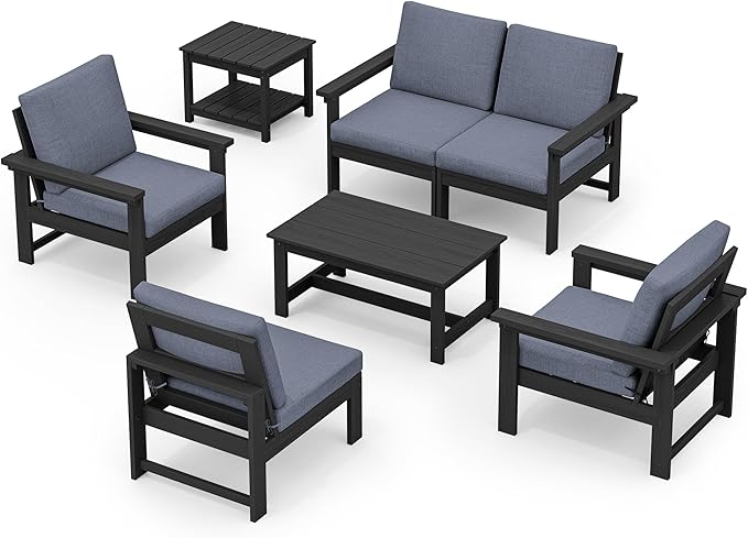 SERWALL HDPE Patio Coversation Set, 7-piece Outdoor Sectional Sofa Set, All Weather Patio Couch Set Patio Furniture for Balcony, Deck, Black Frame with Grey Cushion