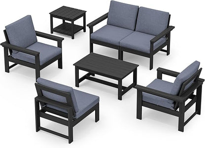 SERWALL HDPE Patio Coversation Set, 7-piece Outdoor Sectional Sofa Set, All Weather Patio Couch Set Patio Furniture for Balcony, Deck, Black Frame with Grey Cushion