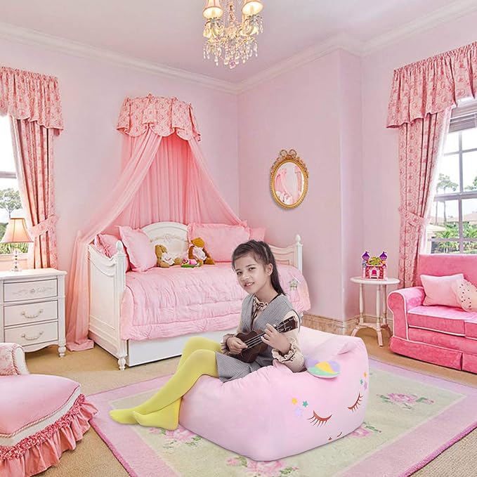 Unicorn Stuffed Animal Toy Storage, Kids Bean Bag Chair COVER ONLY, Velvet Extra Soft Stuffed Organization Replace Mesh Toy Hammock for Kids Blankets Towels Clothes Home Supplies Pink