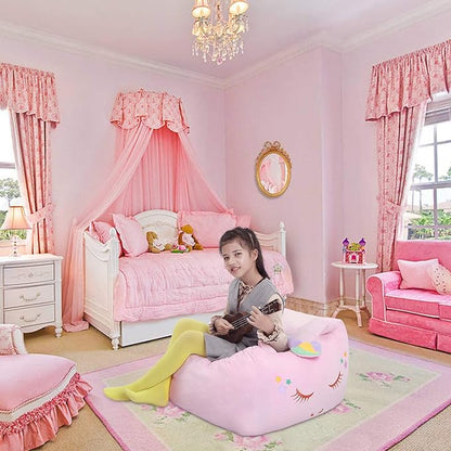 Unicorn Stuffed Animal Toy Storage, Kids Bean Bag Chair COVER ONLY, Velvet Extra Soft Stuffed Organization Replace Mesh Toy Hammock for Kids Blankets Towels Clothes Home Supplies Pink