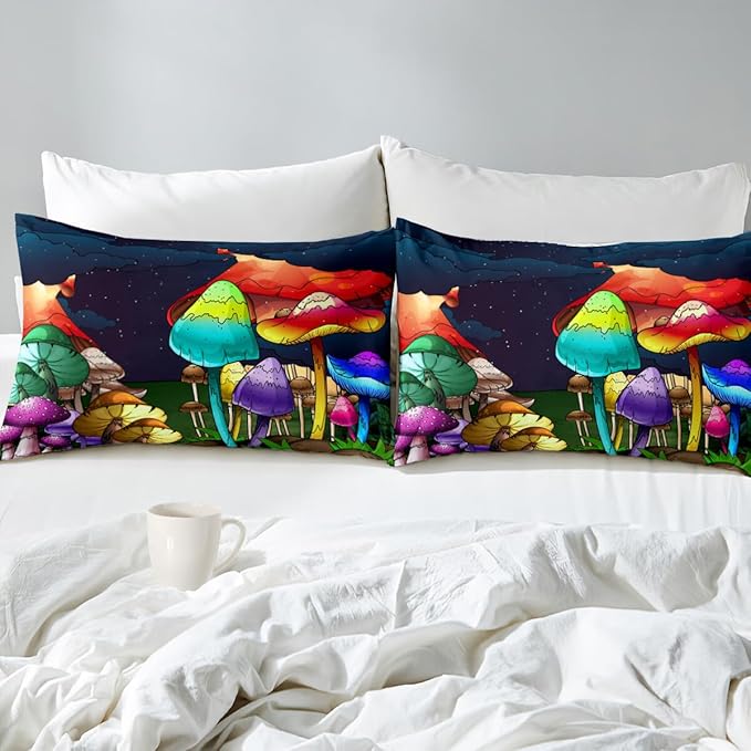Mushroom Comforter Set Queen Size, Cute Mushroom Patterns Bedding Set for Boys Bedroom, Girls Ultra Soft Comforter Set Queen Size, Colorful Mushroom Comforter for All Season 3Pcs with Pillowcases