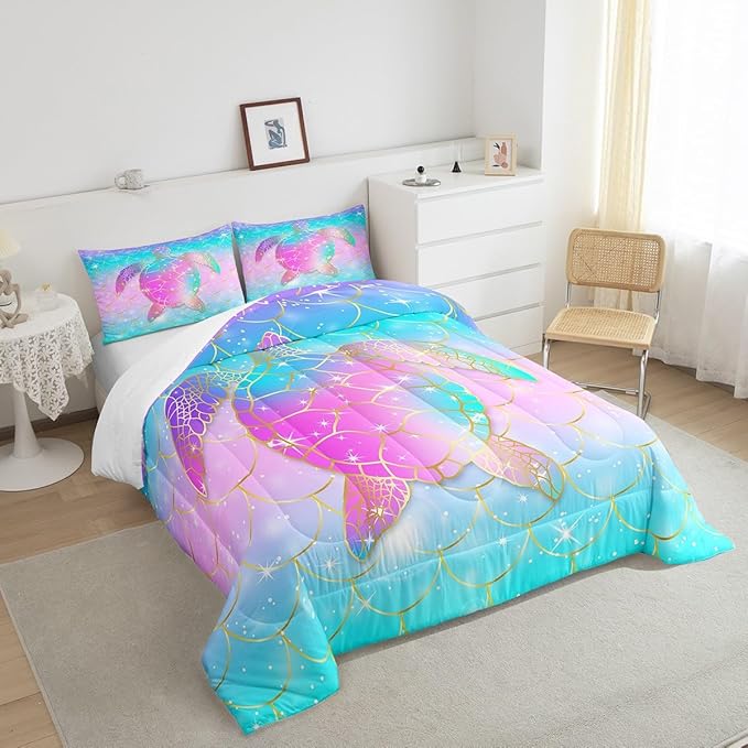 Erosebridal Mermaid Scales Comforter Set for Girls, Tortoise Reptile Bedding Set King Size, Sea Turtle Ocean Life Duvet Sets for Kids Children Boys Women, Sweet Girly Down Comforter, Teal Blue