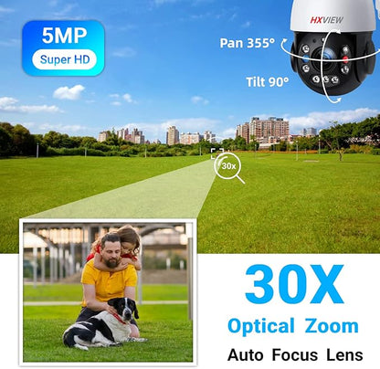 PTZ Camera Outdoor, 30X Optical Zoom Security Camera, 5MP Wireless WiFi RTSP IP Camera, 1000FT Night Vision, Auto Tracking, Emergency Strobe Light Alarm, Human Detection, 2-Way Audio