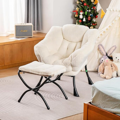 Welnow Toddler Kids Lazy Chair with Ottoman, Accent Comfy Lounge Children Armchair Couch with Armrest and Removable Cover, Detachable Reading Chair with Footrest for Boy or Girl, Plush Beige