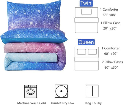 Rainbow Glitter Comforter Set Twin Size for Girls, Sparkle Galaxy Twinkle Starlight Comforter for Kids,2 Piece Aqua Blue Purple Pink Ombre Pastel Bedding Set with 1 Pillow Case(Rainbow,Twin)
