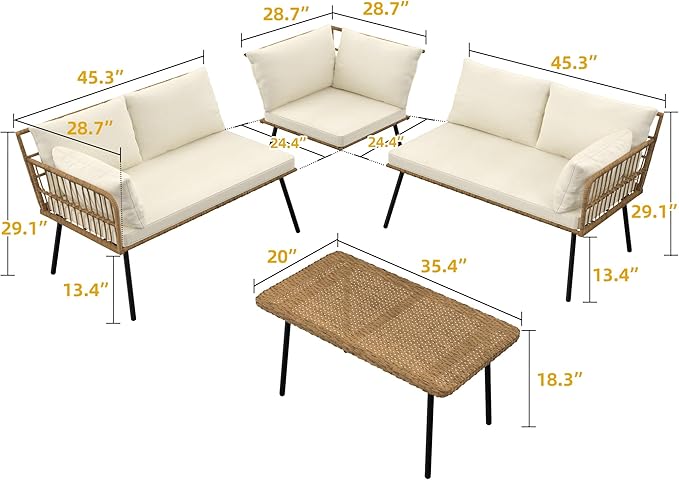 DWVO 4 Pieces Patio Furniture Set, Outdoor Rattan Woven Patio Conversation Set Sectional L-Shaped Sofa with 5 Seater for Backyard, Porch, Boho Detachable Lounger with Cushions and Side Table (Beige)