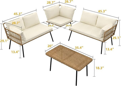 DWVO 4 Pieces Patio Furniture Set, Outdoor Rattan Woven Patio Conversation Set Sectional L-Shaped Sofa with 5 Seater for Backyard, Porch, Boho Detachable Lounger with Cushions and Side Table (Beige)