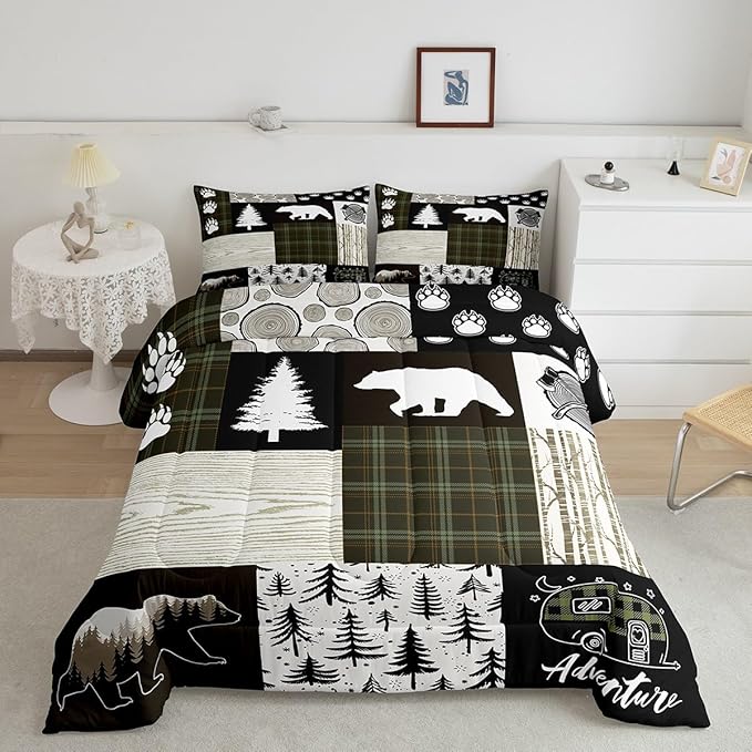 Bear Comforter Set Queen Size,Pine Trees Animals Hunting Bedding Set for Kids Boys Girls Adults Room Decor,Camping Adventure Rustic Farmhouse Down Comforter,Green Plaids Duvet Insert,2 Pillowcases