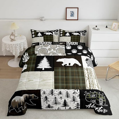 Bear Comforter Set King Size,Pine Trees Animals Hunting Bedding Set for Kids Boys Girls Adults Room Decor,Camping Adventure Rustic Farmhouse Down Comforter,Green Plaids Duvet Insert,2 Pillowcases