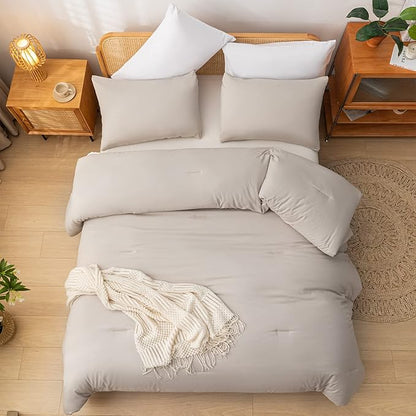 Queen Comforter Solid Color 3PCS Boho Bed Comforter Set Queen Size Tannish Grey Soft Lightweight Down Alternative Microfiber Comforter for All Season (1 Comforter, 2 Pillowcases)