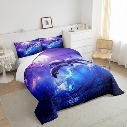 Galaxy Dolphin Bedding Set King Coastal Ocean Waves Comforter Set Night Star Moon Cherry Blossoms Comforter for Kids Girls Teens Sea Animal Starry Sky Quilt Duvet Purple Blue Marine Room Decor 3 Pcs