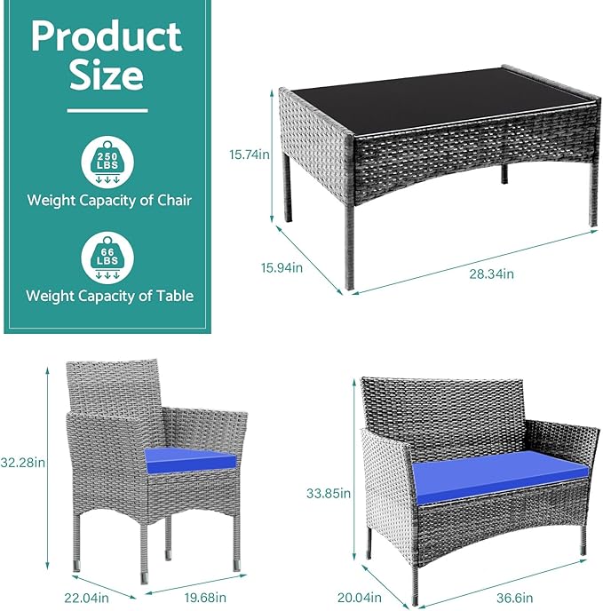 Patio Furniture, 4 Piece Conversation Set, Outdoor Wicker Rattan Table and Chairs, Sectional Sofa with Thick Cushion for Garden, Yard, or Porch, Light Grey