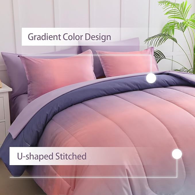6 Pieces Comforter Set Twin Size for Girls - Gradient Pink and Purple All Season Teens Comforter Bedding Set, Ultra-Soft Fluffy Down Alternative Microfiber Bed in a Bag for Kids