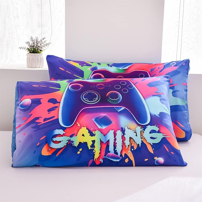 Aimuan Gaming Comforter Sets for Boys Kids Bedding Sets Video Games Console Action Buttons Novelty Colorful Game Gamepad Controller Modern Gamer Room Decor Home Quilt Set (Twin, Purple)