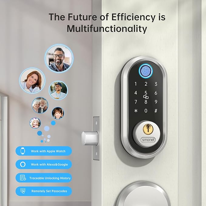 Smart Deadbolt, SMONET Fingerprint Electronic Deadbolt Door Lock with Keypad-Bluetooth Keyless Entry Front Door Digital Keypad App Control, Ekeys Sharing, App Monitoring Auto Lock for Homes and Hotel