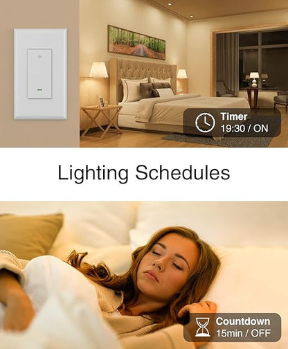 GHome Smart Switch, 2.4Ghz Wi-Fi Switch Works with Alexa, Google Assistant Single-Pole,Neutral Wire Required,UL Certified,Remote/Voice Control and Schedule, No Hub Required, (2 Pack),White