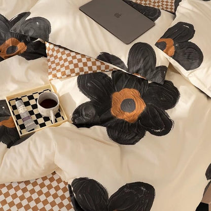 Black Floral Comforter Set Black and White Bedding Full Comforter Set Hand-Drawn Flowers Cotton Women Modern Elegant Chic Quilts Blankets Lightweight Black Flower Reversible Bed Comforter Set