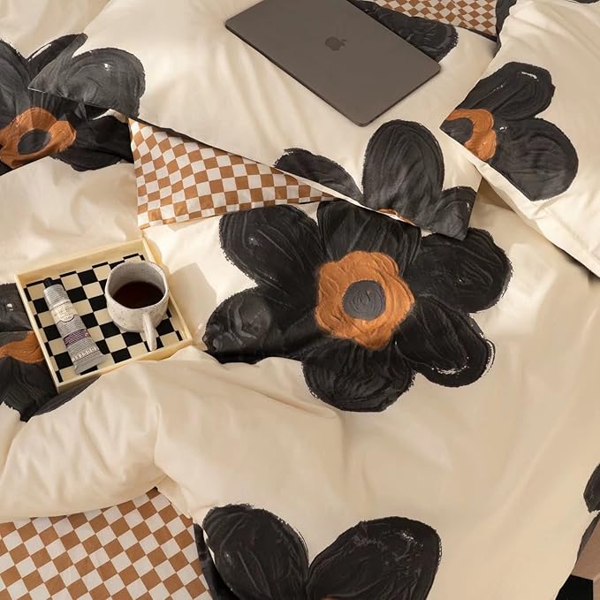 Black and White Comforter Set Black Floral Bedding Twin Comforter Set Hand-Drawn Flowers Cotton Women Modern Elegant Chic Quilts Blankets Lightweight Black Flower Reversible Bed Comforter Set