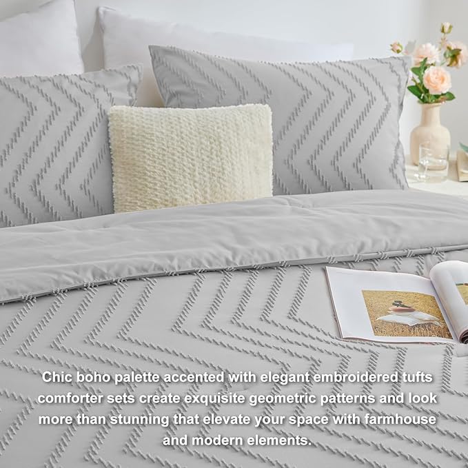 CozyLux Full Size Comforter Set Light Grey - 3 Pieces Boho Tufted Shabby Chic Bedding Comforter Set for All Seasons, Chevron Bedding Sets with Comforter & 2 Pillow Shams