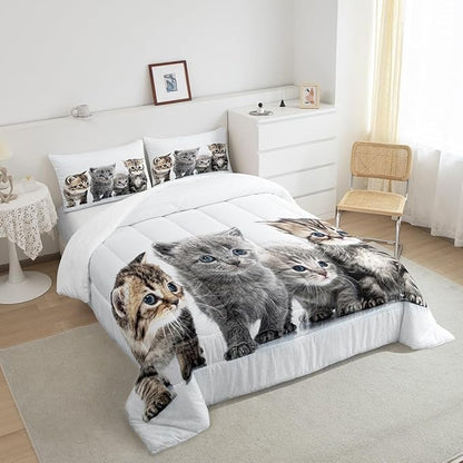 Little Cat Bedding Set Lovely Pet Cats Comforter Cat Lover's Animal Themed Design Comforter Set for Boys Girls Kids Room Decor Cute Kitten Print Duvet Set Full Size with 2 Pillow Case