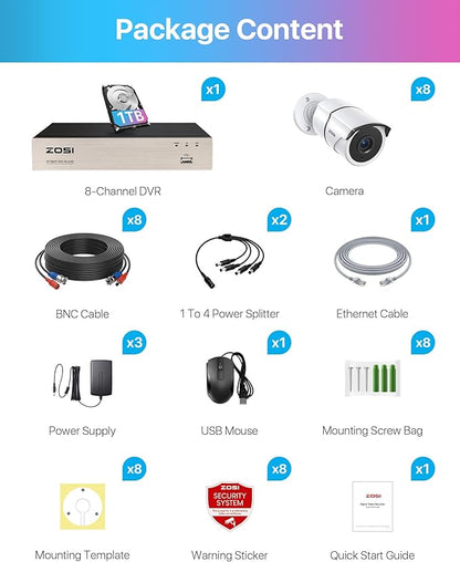 ZOSI 3K Lite Home Security Camera System with Audio,AI Human/Vehicle Detection,Night Vision,8 Channel H.265+ CCTV DVR with 1TB HDD,8pcs 1920TVL Indoor Outdoor Surveillance Cameras,for 24/7 Recording