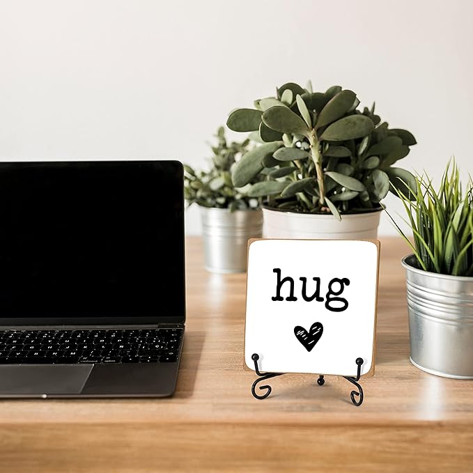 Hug - Home Office Desk Decor Wood Plaque with Stand, Love You Gifts, Thinking of You Gifts for Women Friends Girlfriend Boyfriend Mom Sisters - A01