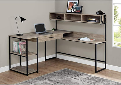 Monarch Specialties Workstation for Home & Office with Multiple Shelves and Drawer L-Shaped Corner Desk with Hutch, 60" L, Dark Taupe/Black Frame