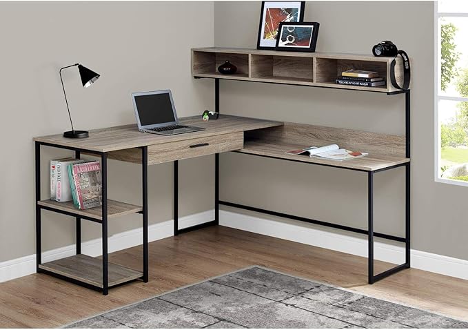 Monarch Specialties Workstation for Home & Office with Multiple Shelves and Drawer L-Shaped Corner Desk with Hutch, 60" L, Dark Taupe/Black Frame
