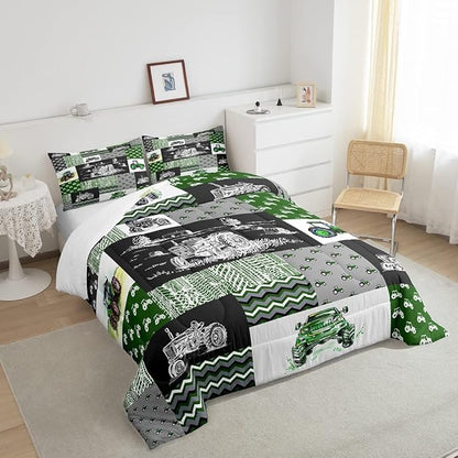 Tractor Bedding Set Twin Size Equipment Trucks Comforter Set Farmhouse Harvester Down Comforter for Kids Boys Car Bedroom Decor Green Vehicle Quilt Set Plaid Comforter with 1 Pillowcase, Grey