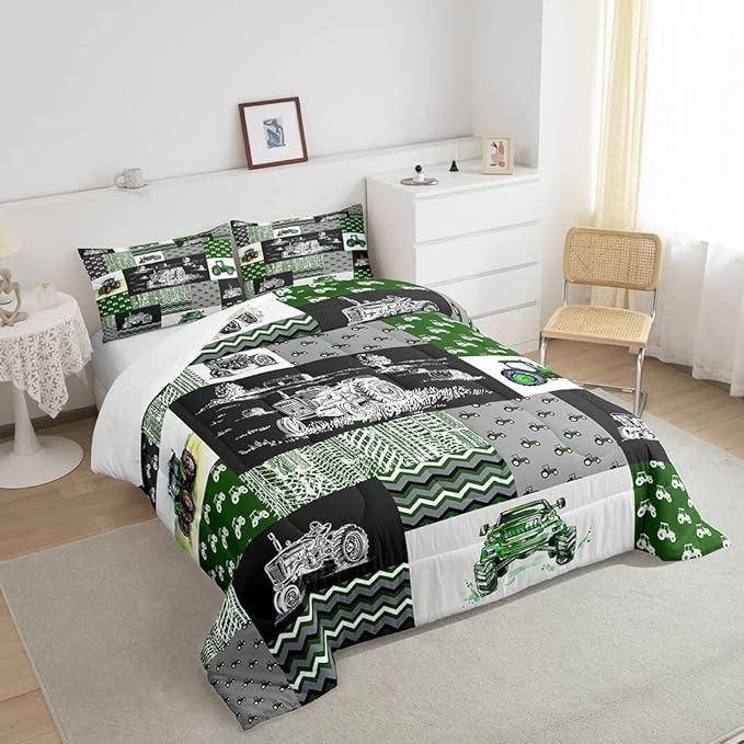 Equipment Trucks Comforter Set Queen, Tractor Down Comforter, Green Vehicle Duvet Set for Child Kids Child Boys Teens Construction Excavator Construction Site Car Quilt Set for Bedroom Decor Gift