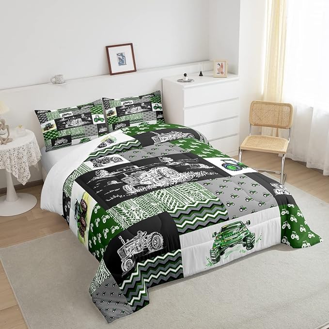 Erosebridal Green Tractor Comforter Set Full Size Farm Vehicle Truck Bedding Set Cartoon Equipment Construction Harvester Down Comforter for Kids Boys Car Bedroom Decor with 2 Pillowcases, Grey