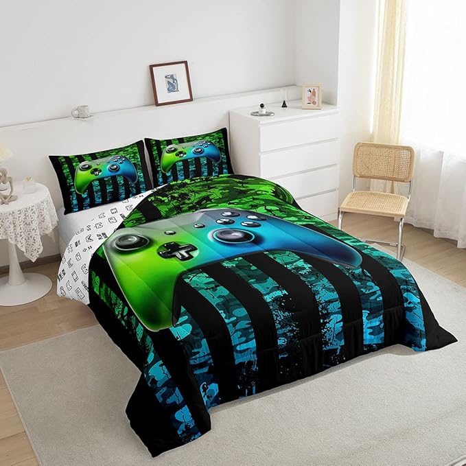 Gaming Comforter Set Full Size For Boys Kids Game Room Decor United States Bedding Set Video Game Gamer Down Comforter Camouflage Stripes Teens Bedroom Decor Gamepad Bedding Set With 2 Pillow Cases
